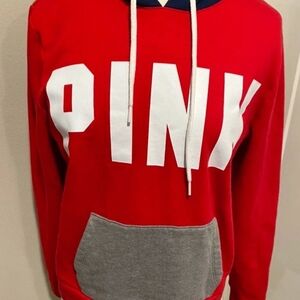 Victoria's Secret Red Hoodie with White Lettering and Gray Pocket